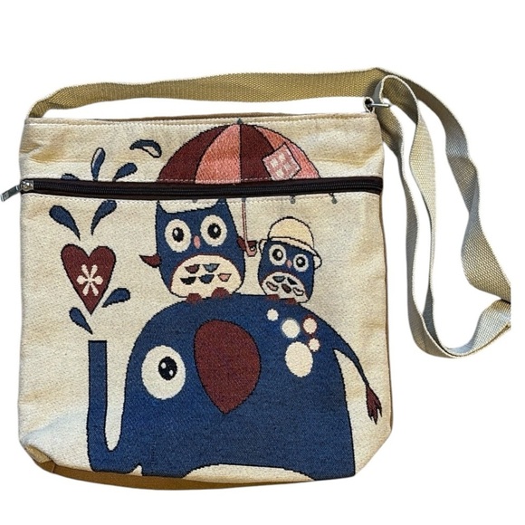 Handbags - Owl and Elephant Tapestry Crossbody Cream and Blue